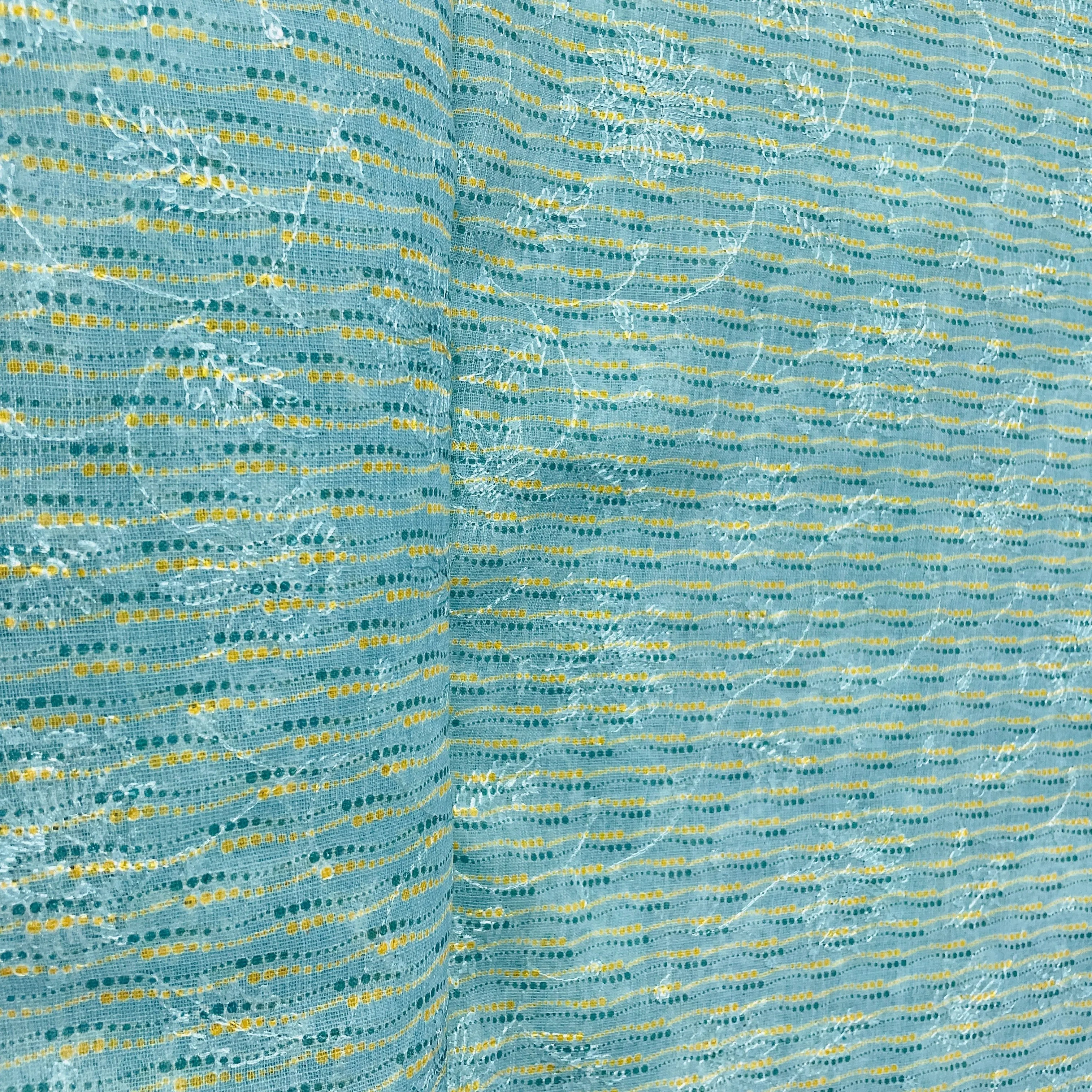 Blue Multicolor Handblock Print Sequins Embroidery Linen Fabric 25