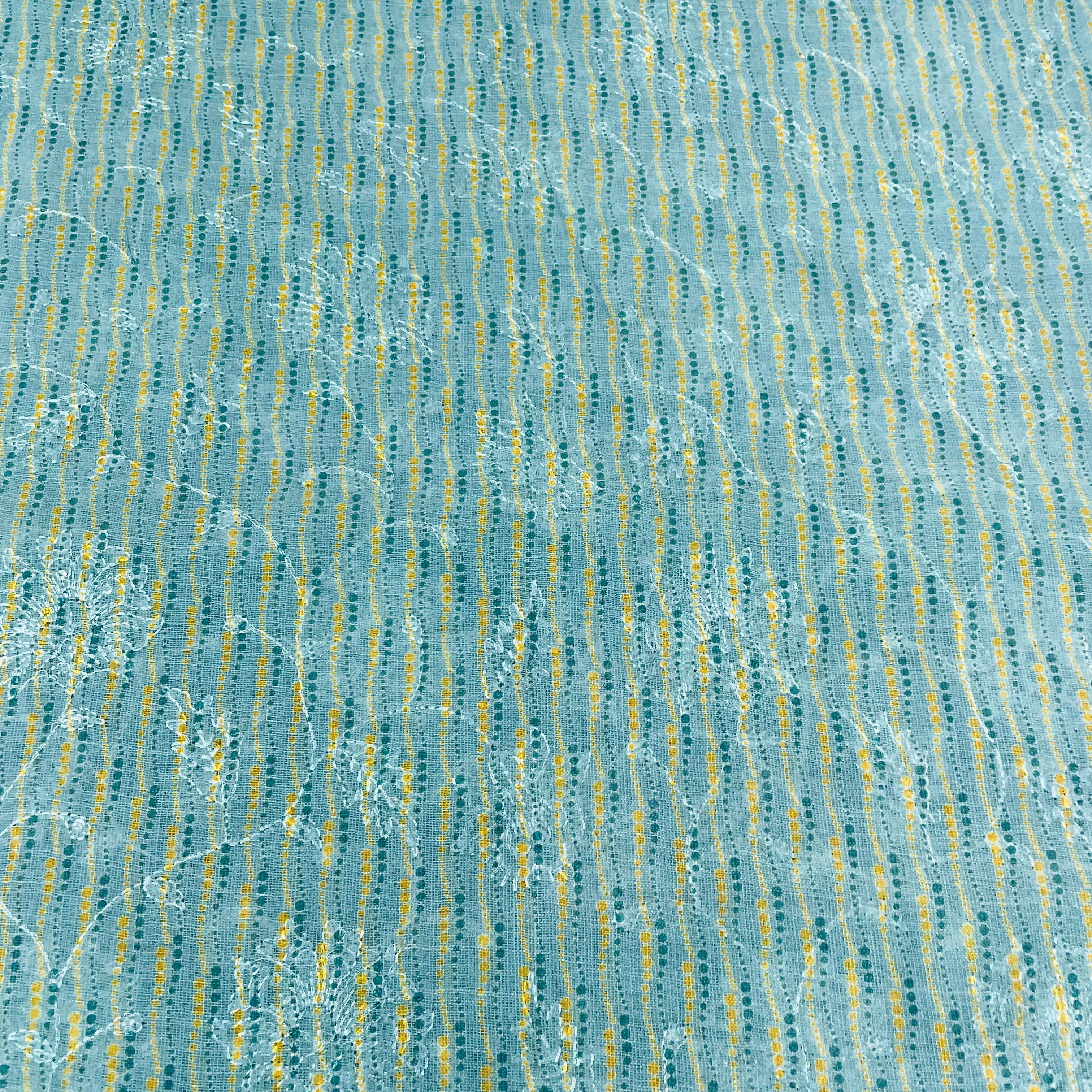 Blue Multicolor Handblock Print Sequins Embroidery Linen Fabric 25