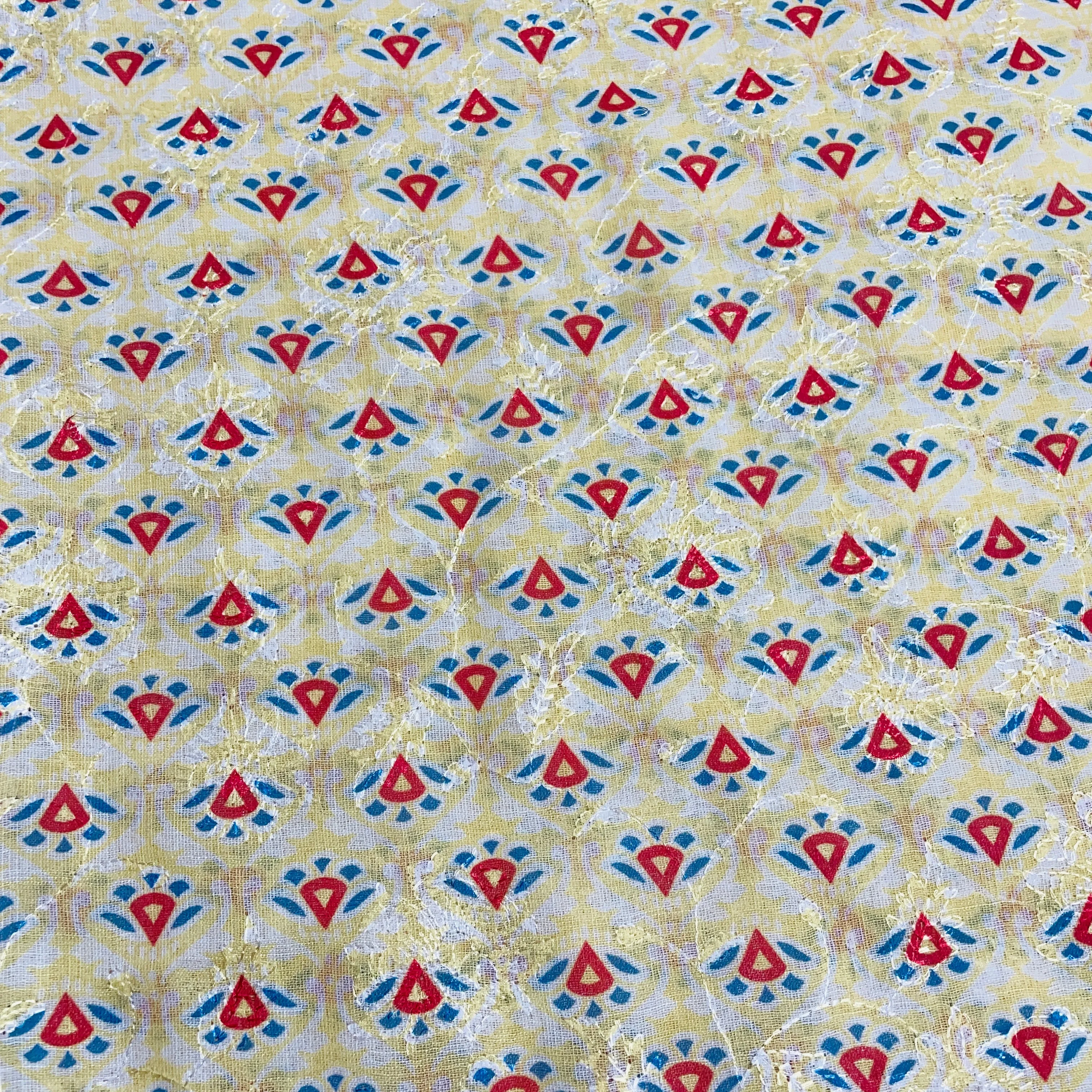 Blue Yellow Floral Print Sequins Embroidery Linen Fabric 23