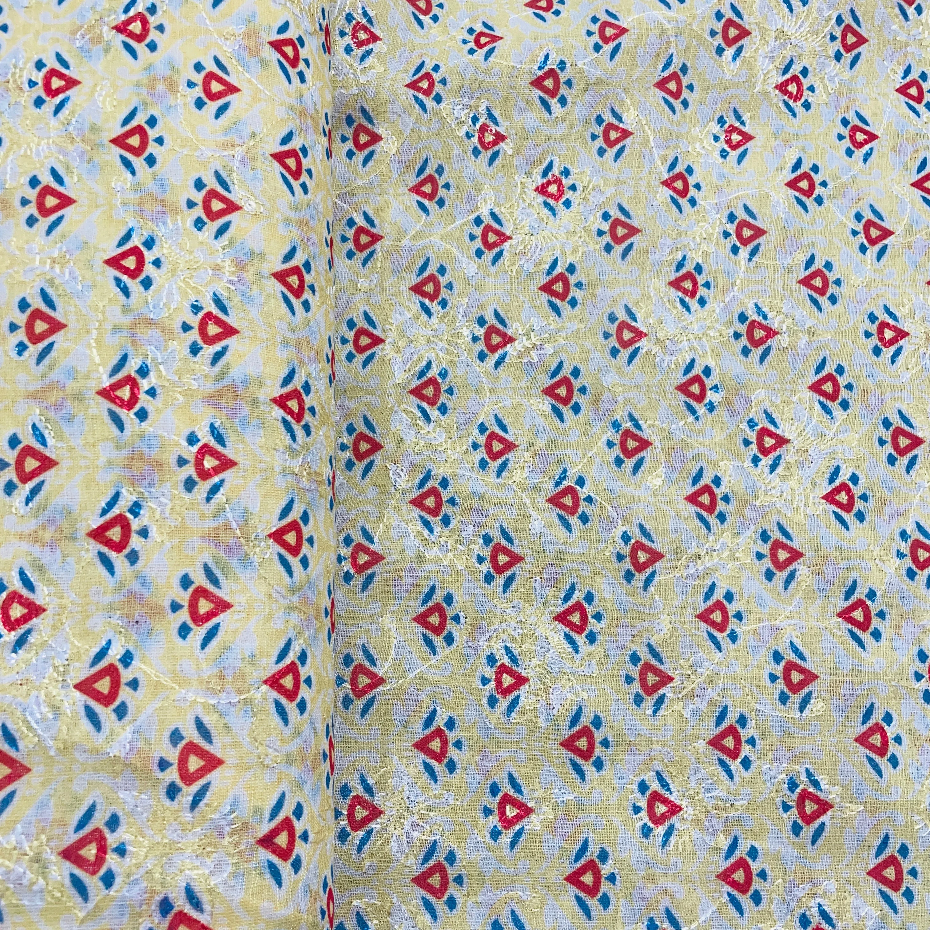 Blue Yellow Floral Print Sequins Embroidery Linen Fabric 23