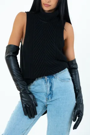 Long Faux Leather Gloves in Black